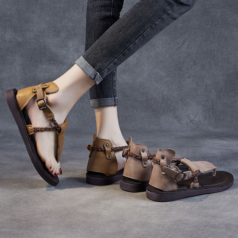 Handsome British Style Genuine Open Toe Handmade Flat Sandals