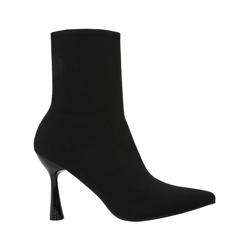 Women's Socks Autumn Black Fabric Stretch Pointed Stiletto Women's Leather Boots