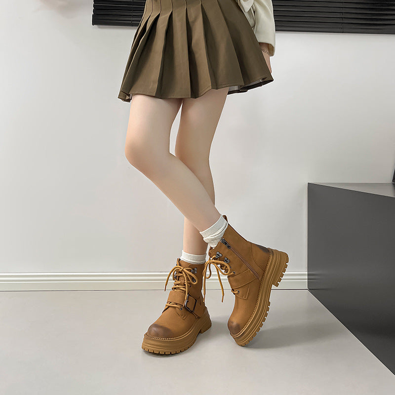 Women's British Style Brushed Thick Bottom Tooling Belt Buckle Women's Leather Boots