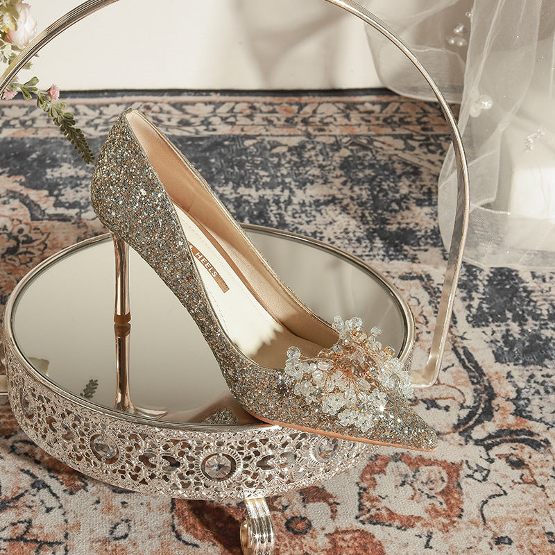 Women's Golden Wedding Bridal High Main Dress Not Tired Feet Pumps Heels