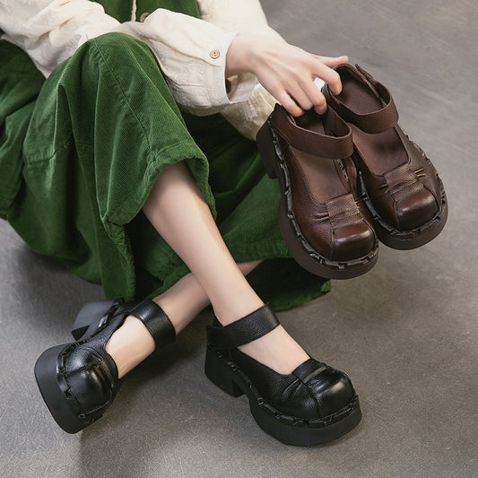 Women's Fashion Square Toe Mary Jane First Layer Cowhide Height Increasing Women's Casual Shoes
