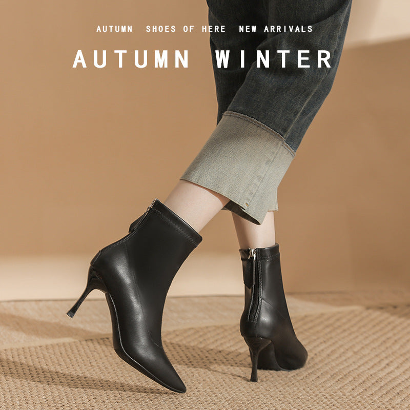 Women's Fleece-lined Zipper Pointed Toe Thin High Boots
