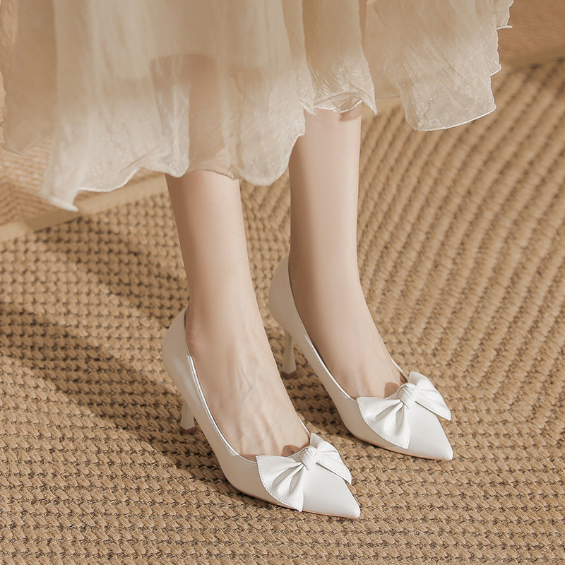 Women's Bowknot High Soft Pumps Stiletto Pointed French Women's Fashion Shoes