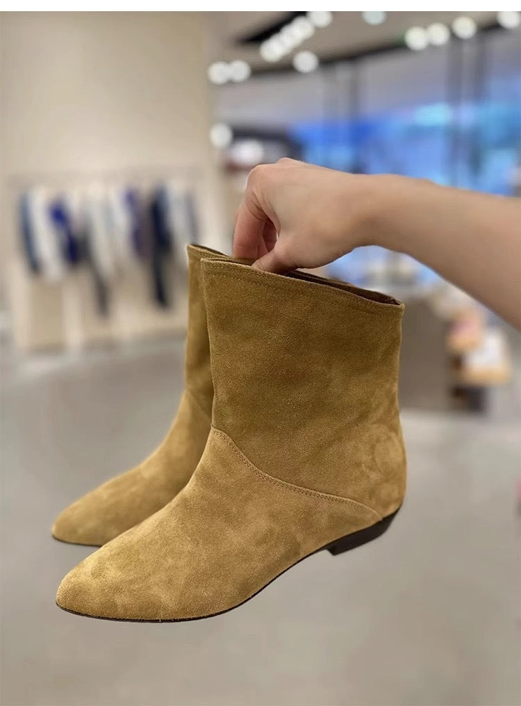 Women's Genuine Retro Oblique Wide Short Flat Pointed Western Cowboy Ankle Women's Leather Boots