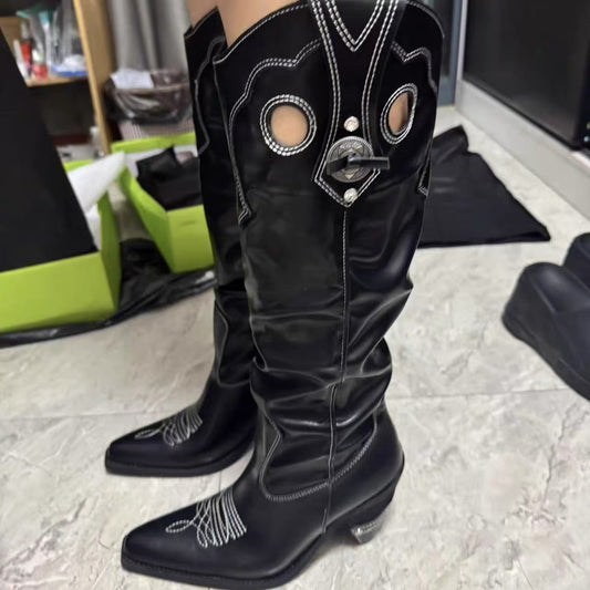 Women's Dark Brown Soft Cowboy Height Increasing High-heeled Thigh Hollow Sleeve Boots