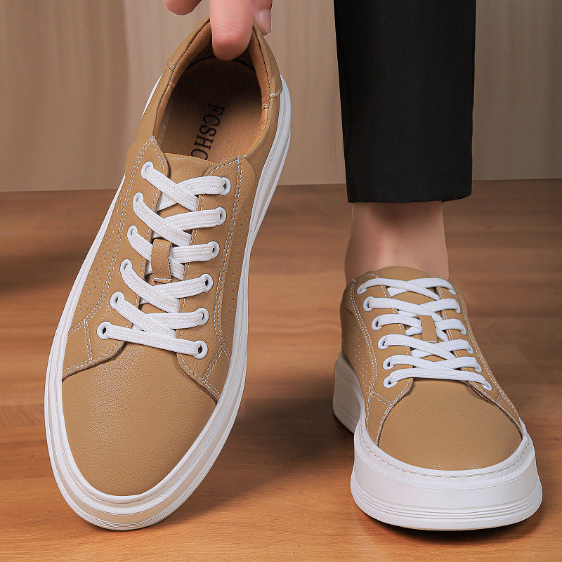 Men's White Cowhide Soft Bottom Breathable Plus Size Men's Board Shoes