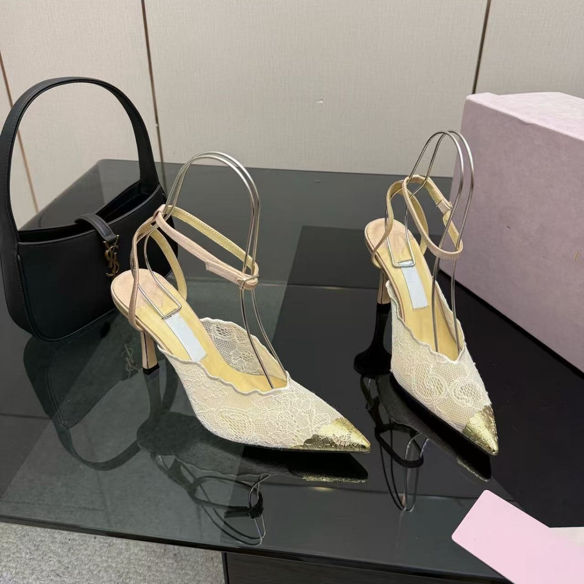 Women's Gold Buckle Hollow Lace Shallow Mouth High Heeled Sandals