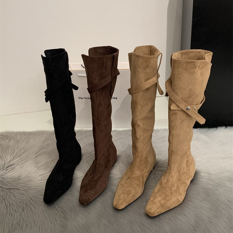 Women's Retro Low Tall Knight Two-way Pile Western Heels