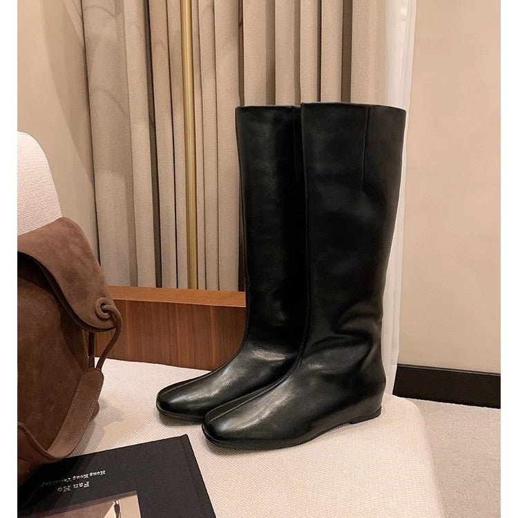Mom Height Increasing Insole Flat Soft Skinny Long Women's Leather Boots