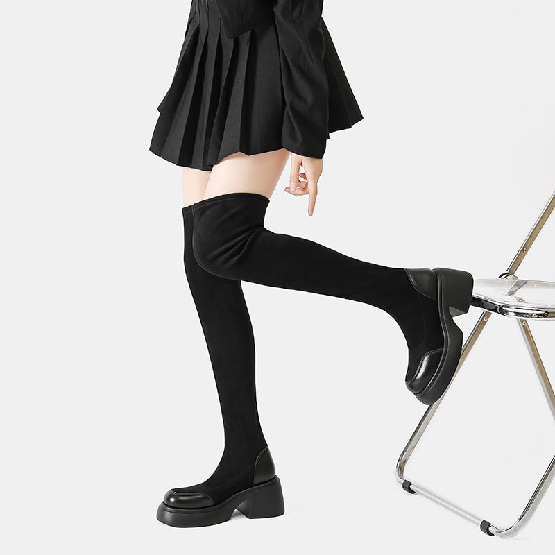Women's Small Thick Bottom Round Head Over The Knee Korean Style Women's Leather Boots