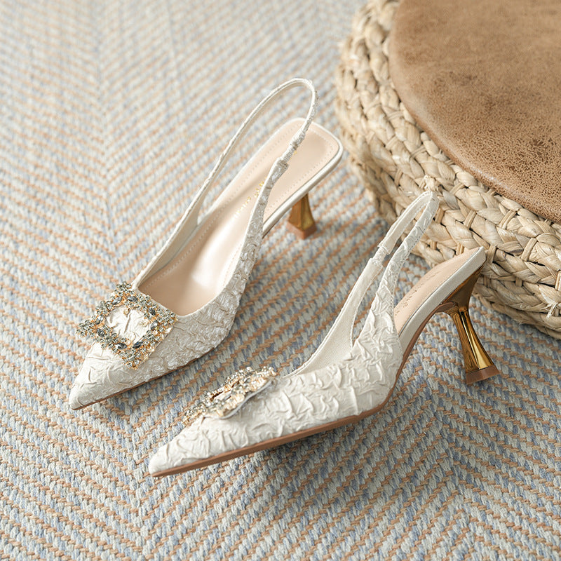 Women's Style Satin Pleated Square Buckle Pointed Toe Sandals