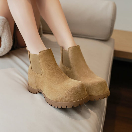Women's Spring Matte Smoke Pipe Chunky Ankle Platform Women's Leather Boots