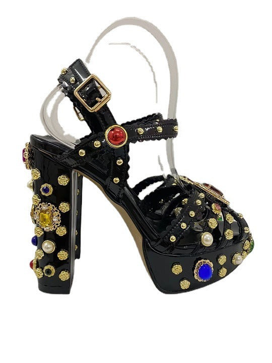 Women's Gold Mirror Rhinestone Flower Show Waterproof Platform High Heeled Sandals