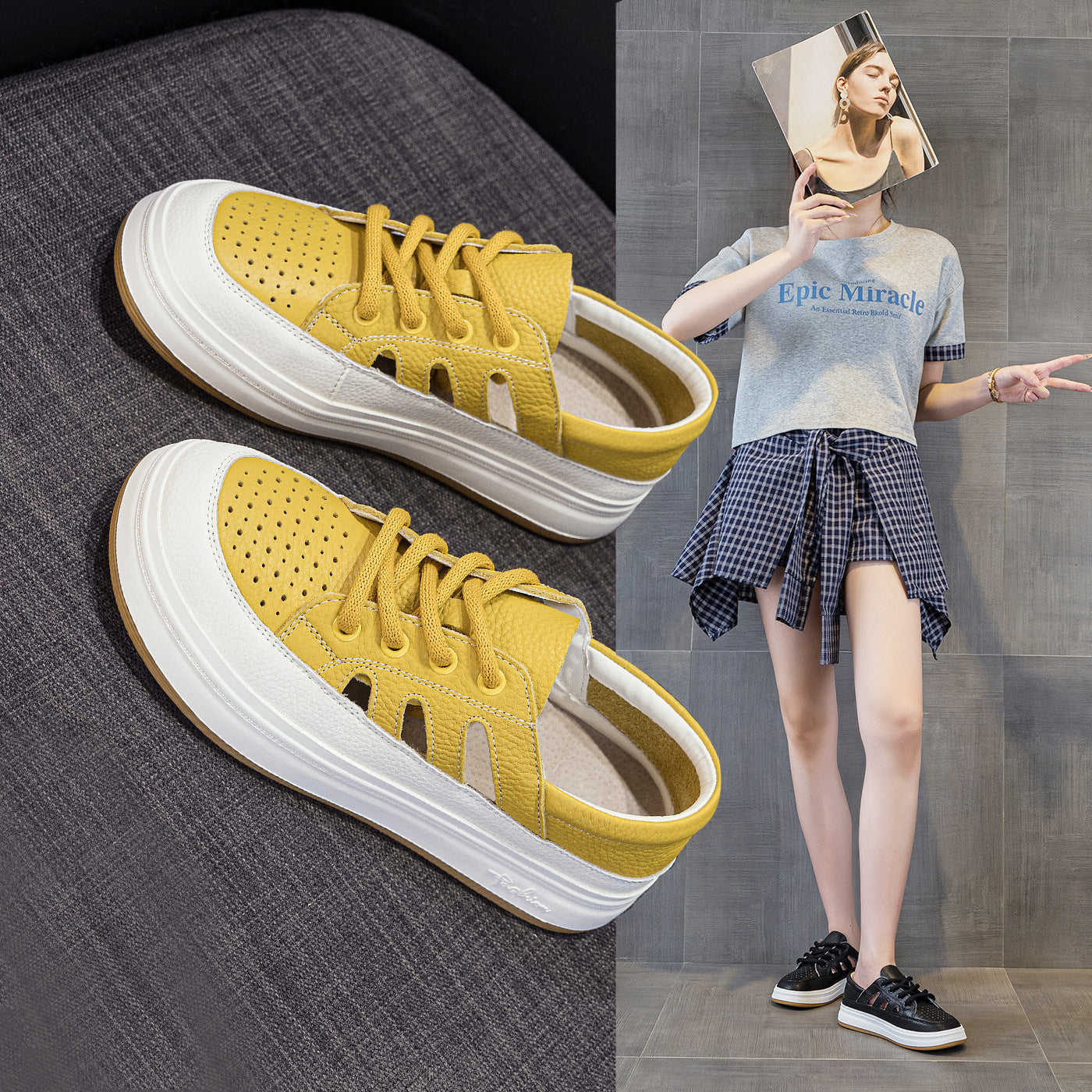 Women's Bottom Cutout Hole Summer Breathable Closed Toe Lace Up Sports Women's Casual Shoes