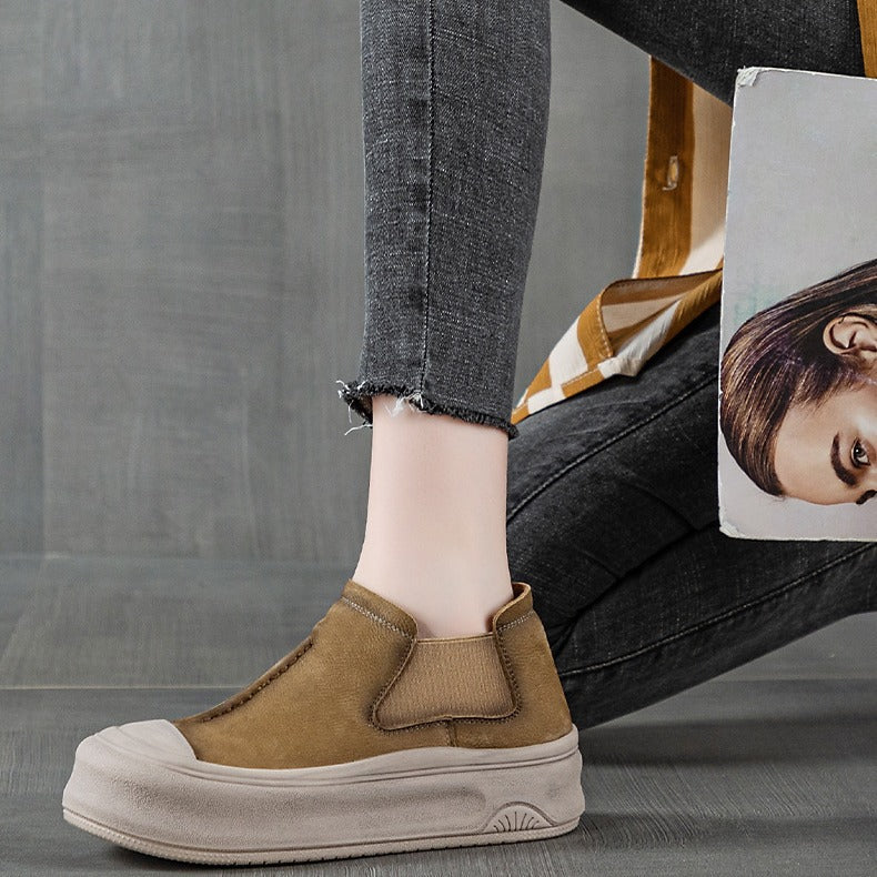 Women's First Layer Cowhide Board Autumn Retro Platform Height Increasing Women's Leather Boots