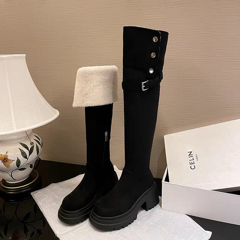Women's Knee-high Fleece-lined Over The Knee Brown Thick Women's Leather Boots