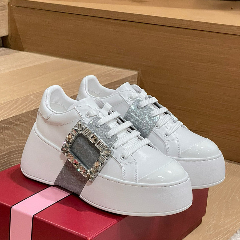 Women's Thick-soled High-rise Square Buckle Diamond White Genuine Platform Women's Casual Shoes