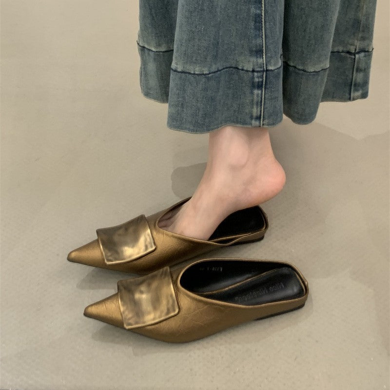 Women's Metal Buckle Closed Toe Half Outer Wear Summer Height Increasing Sandals