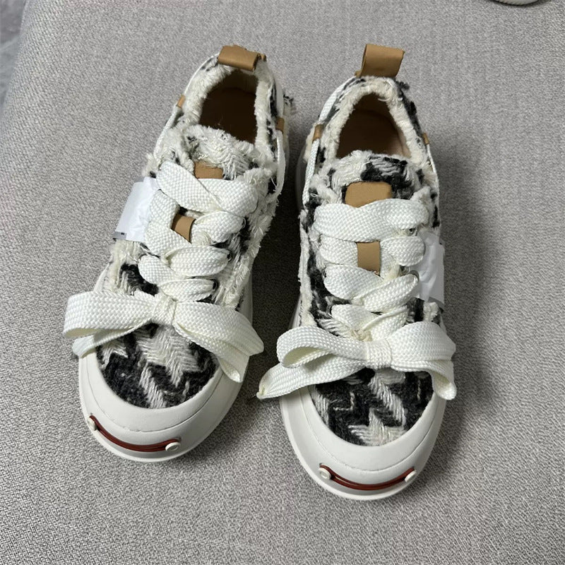 Women's Tan Autumn Platform Lace Bow Couple Women's Canvas Shoes