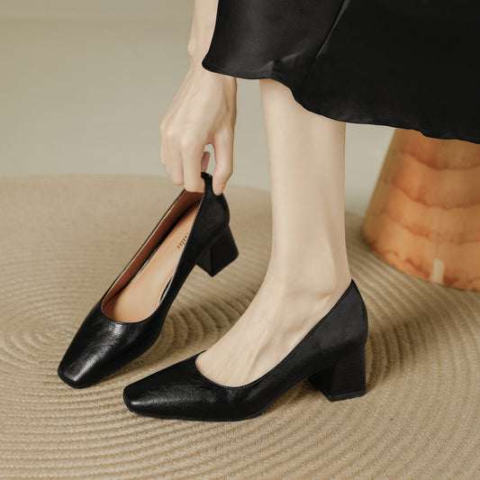Women's Toe Chunky Pumps Simple Comfortable Spring Temperament Low-cut Vintage Commuter Heels