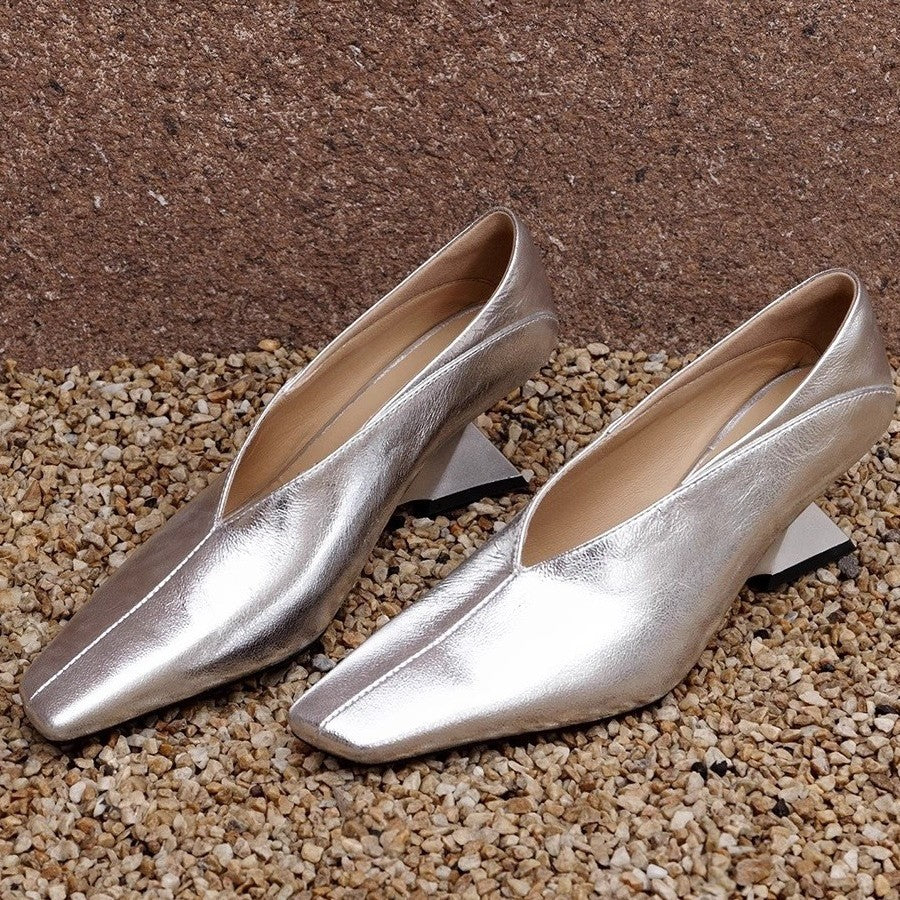 Women's Pumps Low-cut Slip-on Gold Sier Color Square Toe V Cut Women's Fashion Shoes