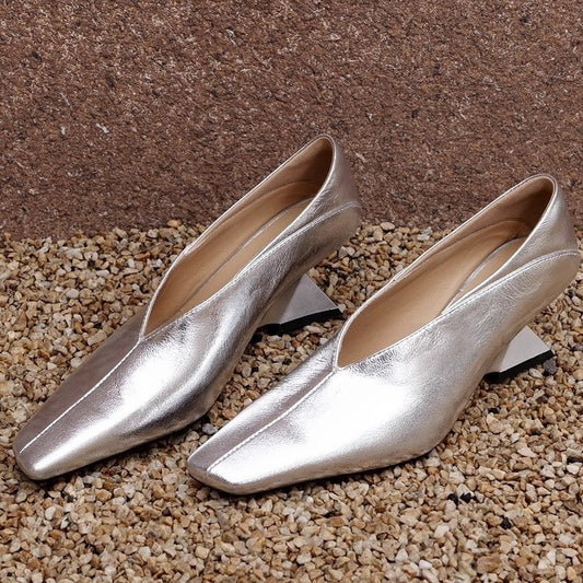 Women's Pumps Low-cut Slip-on Gold Sier Color Square Toe V Cut Women's Fashion Shoes