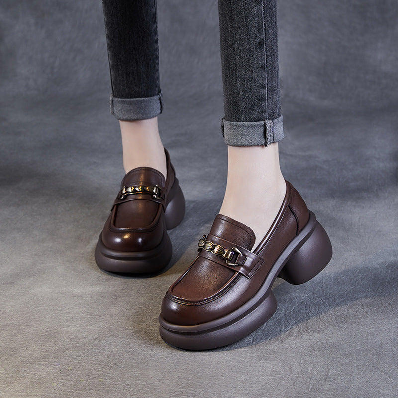 Women's British Retro Brown Medium-sized Mouth Platform Leather Shoes