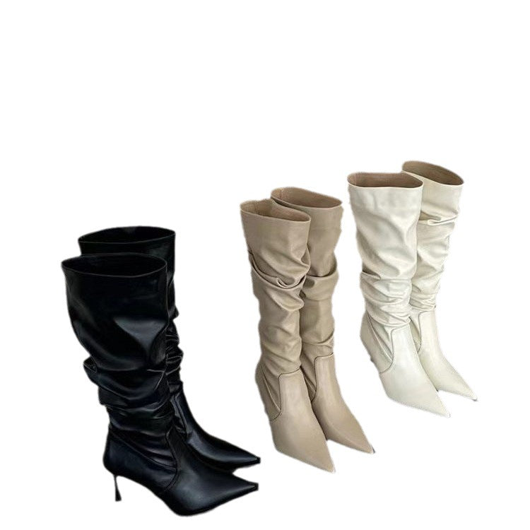 Women's Pleated High Autumn Stiletto Pile Style Boots