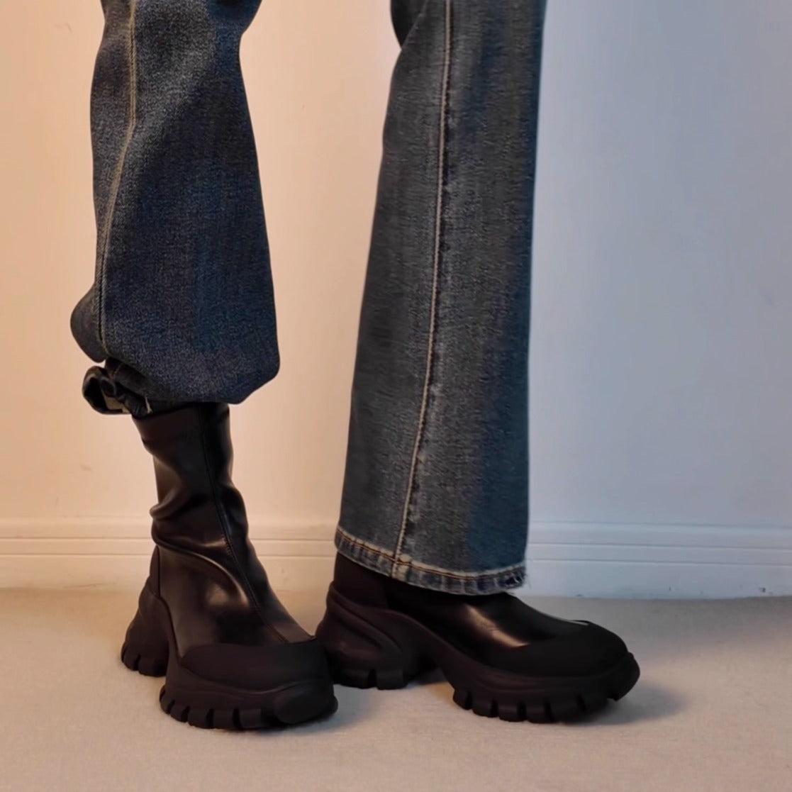 Women's Vintage Suede Side Zipper Stretch Thin Thick-soled Patchwork Easy Women's Leather Boots