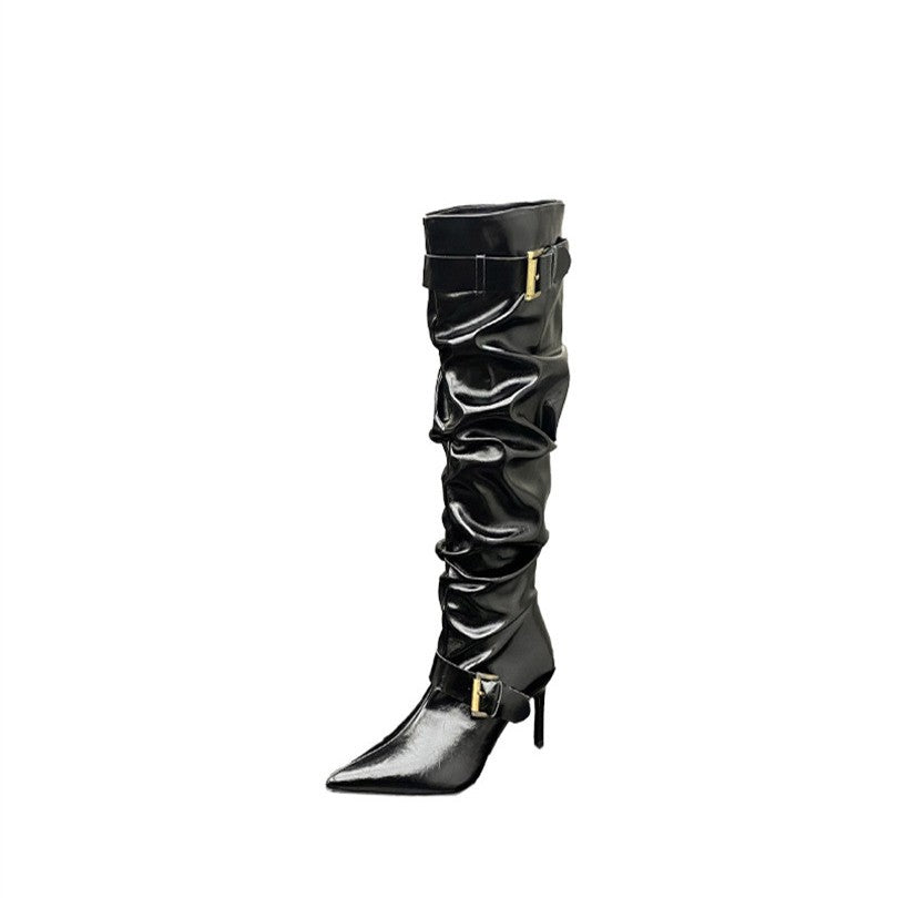 Women's Hot Style Pointed White Pile High Long Autumn Belt Buckle Women's Leather Boots