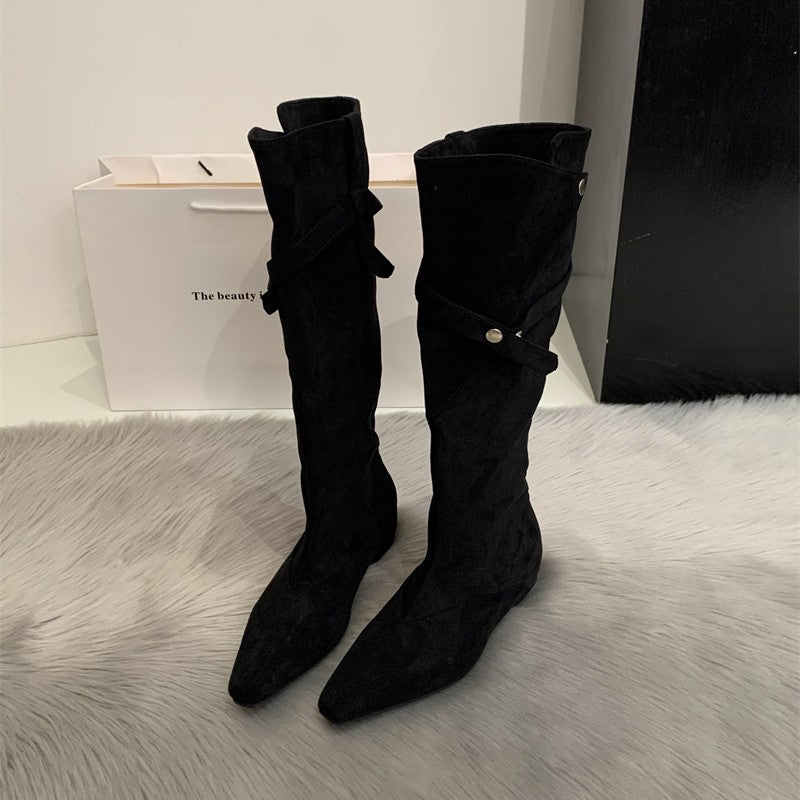 Women's Retro Low Tall Knight Two-way Pile Western Heels