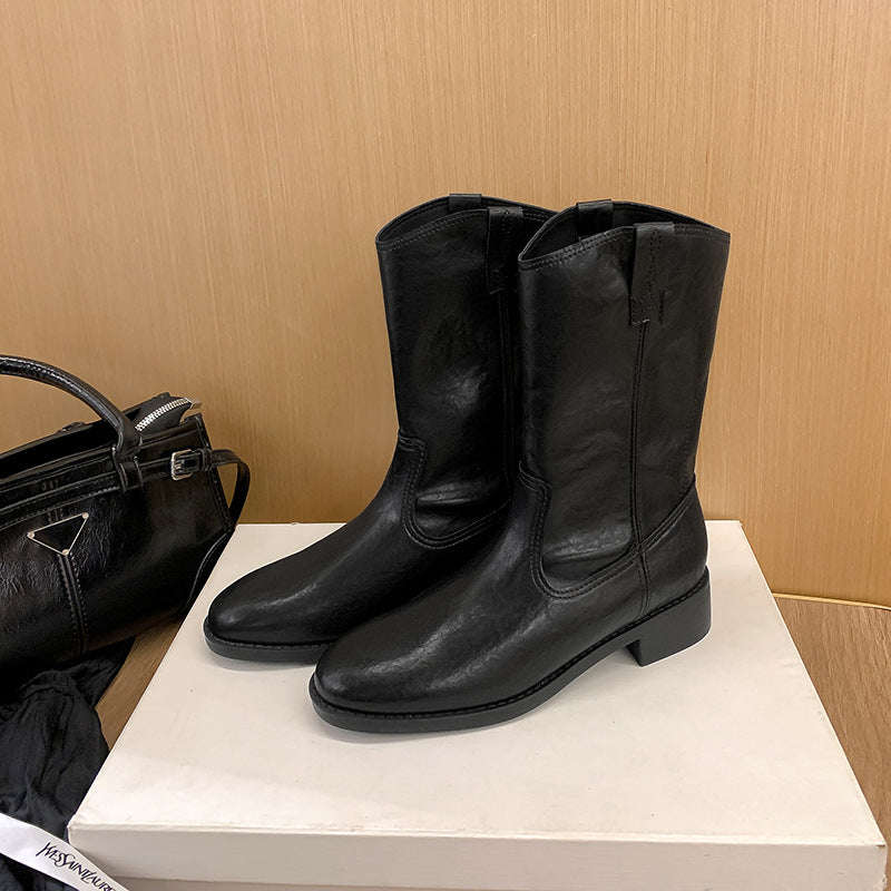 Women's Round Toe V Cut Motorcycle Chunky Retro Snow Boots