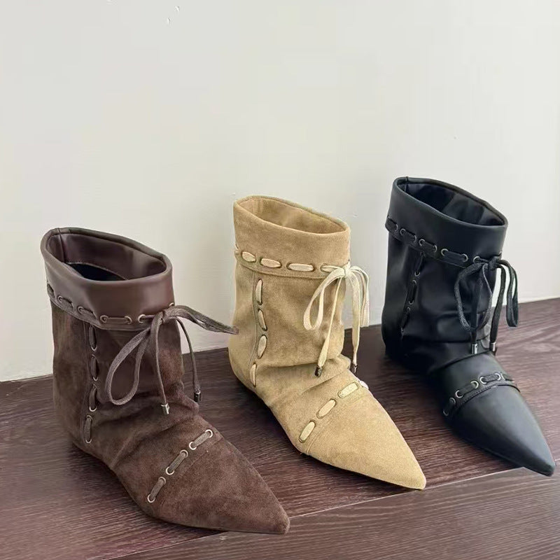 Women's French Style Height Increasing Insole Western Pointed Toe Flat Ankle Women's Leather Boots