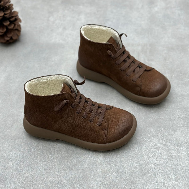 Women's Crafts Round Toe Flat Bottom Elastic Slip-on First Layer Women's Leather Boots