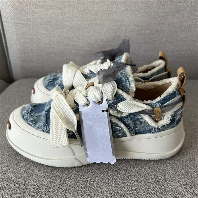 Women's Tan Autumn Platform Lace Bow Couple Women's Canvas Shoes