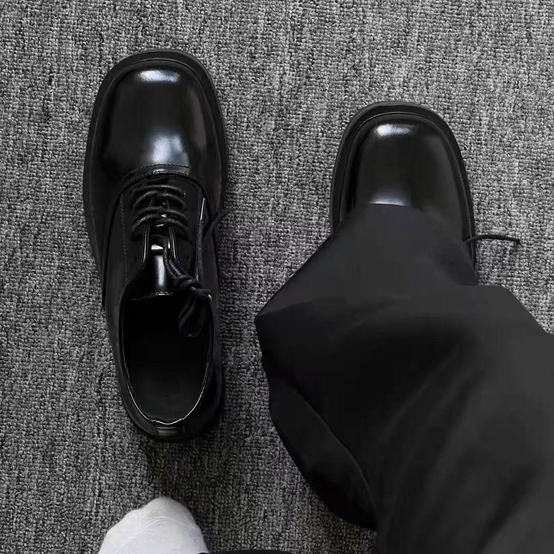Men's Derby Spring British Platform Height Increasing Patent Polished Black Business Leather Shoes