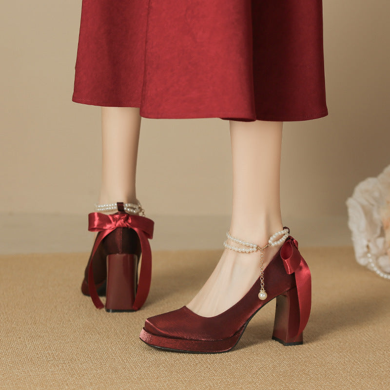 Women's Square Toe Chunky High Bow Waterproof Women's Fashion Shoes