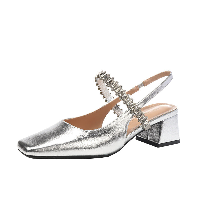 Sier Rhinestone Chain Word Strap Closed Toe Women's Shoes