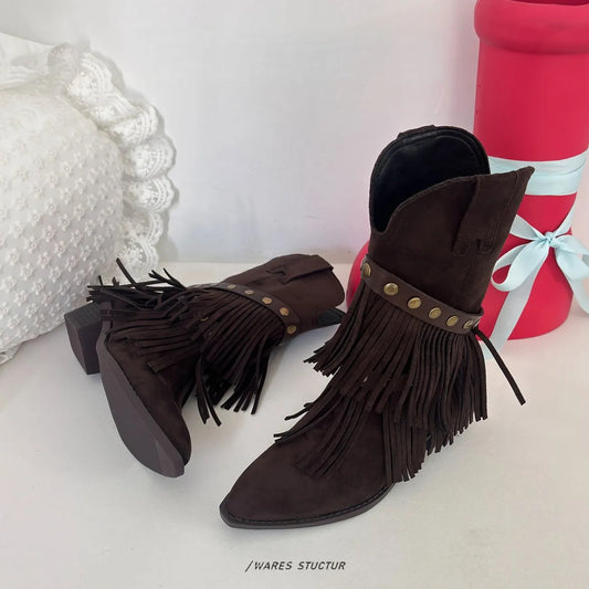 Women's Tassel Western Cowboy Pointed Toe Chunky Fashion Detachable Two-way Women's Leather Boots