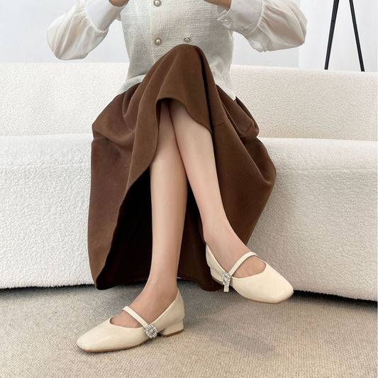 Women's Widened Fat Genuine Elegant Square Toe Style Matching Women's Shoes