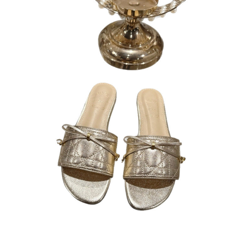 Quality Summer Electric Embroidery Rattan Plaid Bow Open Toe Flat Slippers