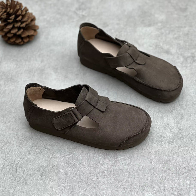 Women's Handmade Genuine Pumps Retro Artistic Round Toe Flat Bottom Velcro Women's Casual Shoes