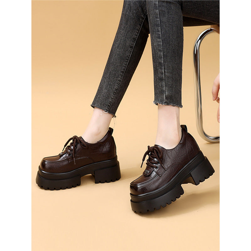 Women's Platform Black Tie Round Toe Mid Slimming Soft Bottom Women's Fashion Shoes