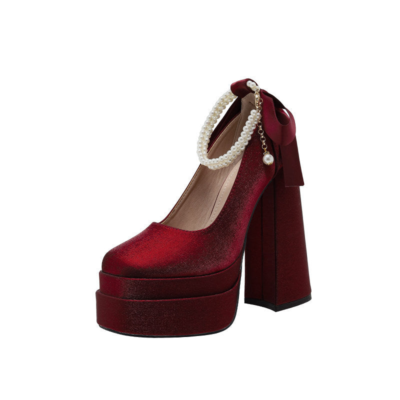Red Super High Chunky Satin Wedding Dress Women's Fashion Shoes