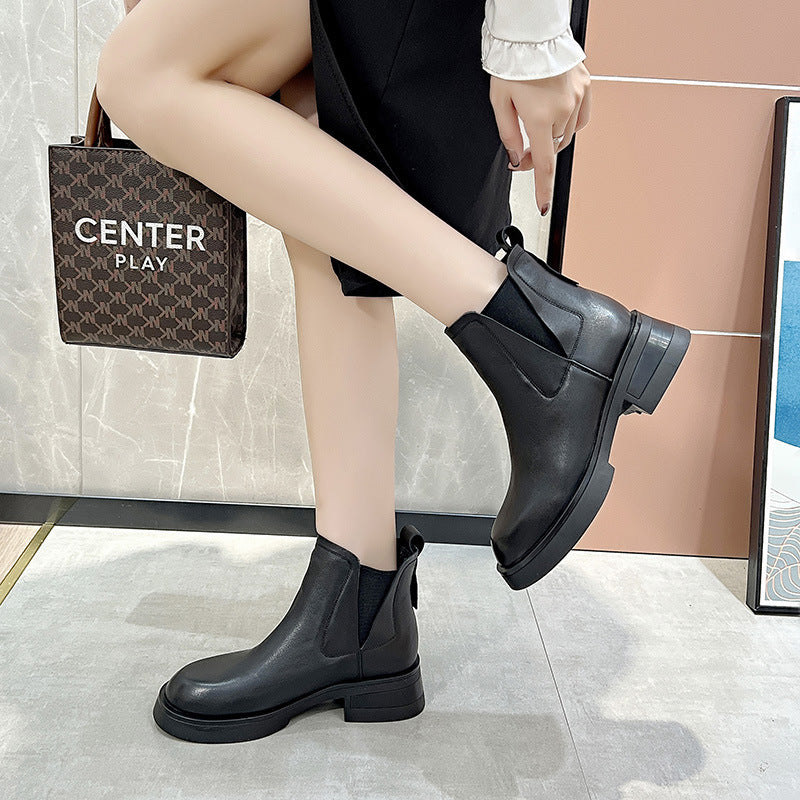 Women's Cowhide Martin British Style Thick Stretch Boots