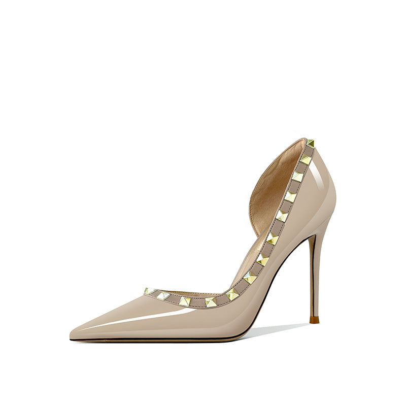 Rivet Skin Color Black Design Temperament Pointed Toe Side Empty Heels