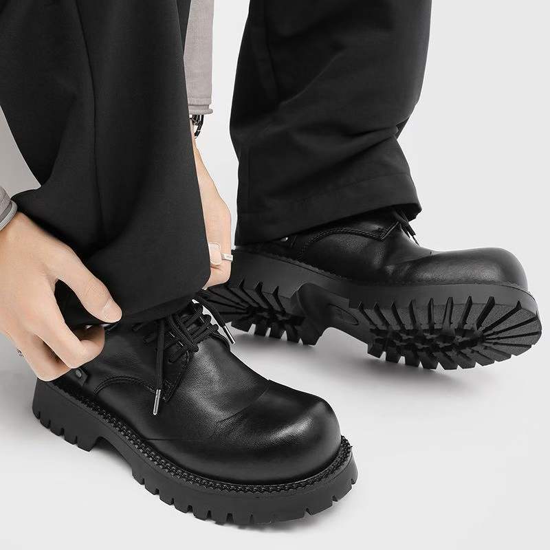 Men's Black Warped Head Thick Bottom Big British Style Men's Casual Leather Shoes