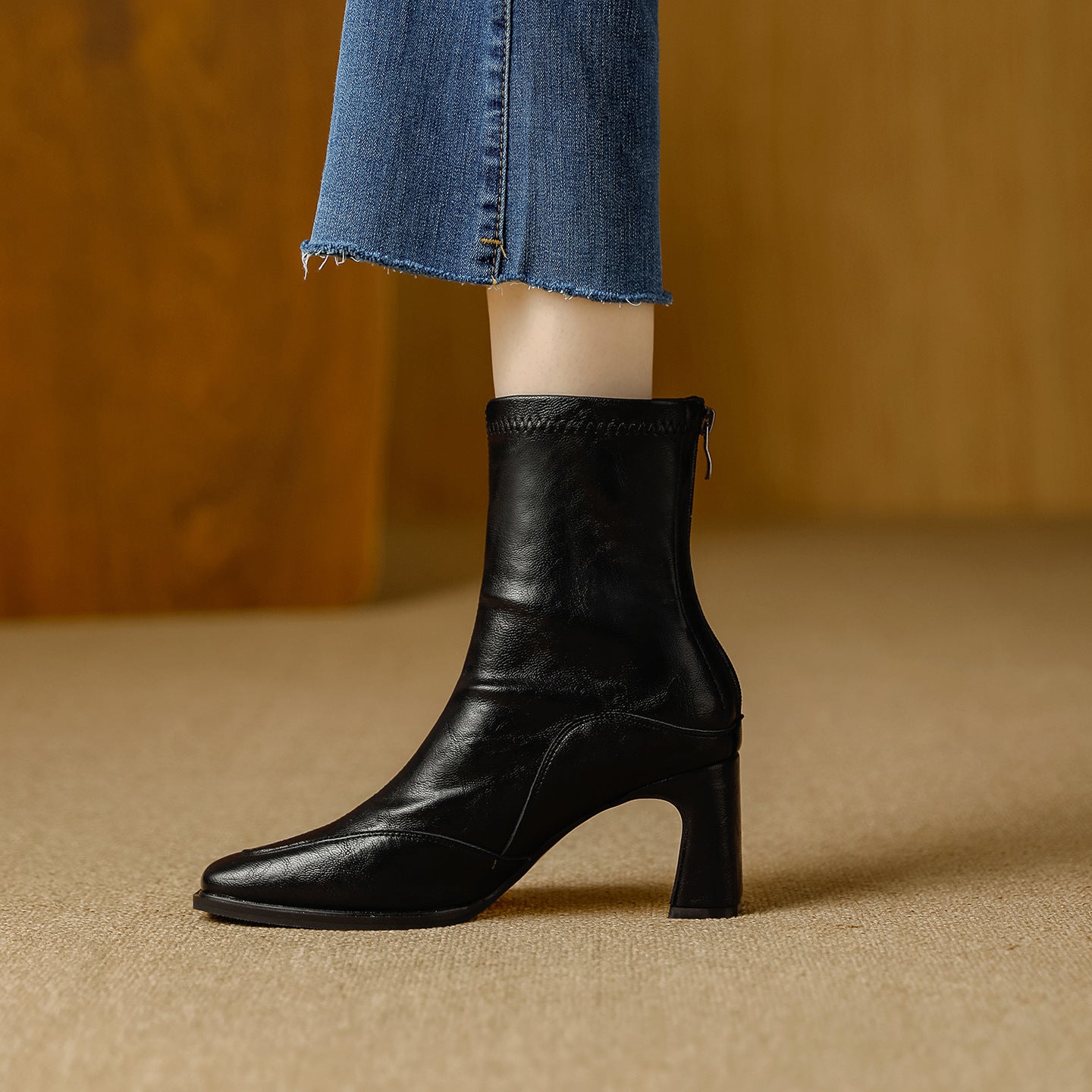 Women's Retro Square Toe High Short Autumn Zip Soft Fashionable Temperamental Women's Leather Boots