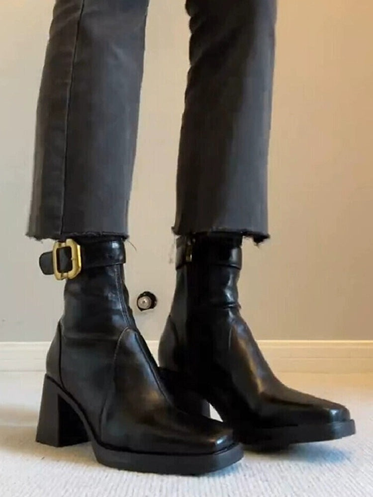 Women's High Booties French Chunky Square Toe Skinny Back Heels