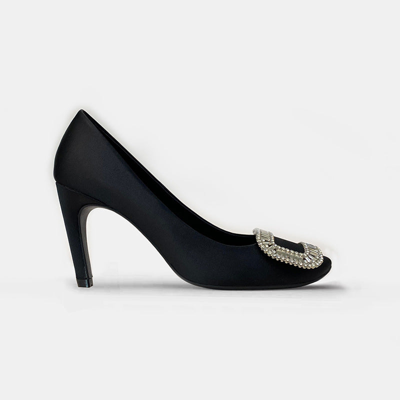 Women's Rhinestone Square Buckle Round Toe Satin Shallow Women's Fashion Shoes